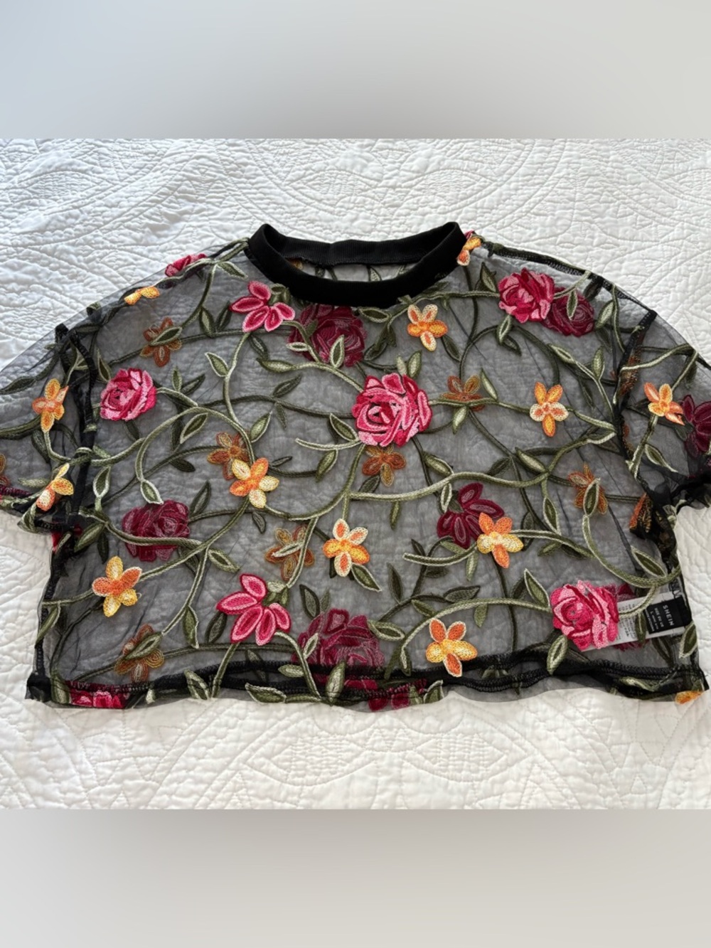 Beautiful sheer black mesh crop top with multicolor floral embroidery, size L